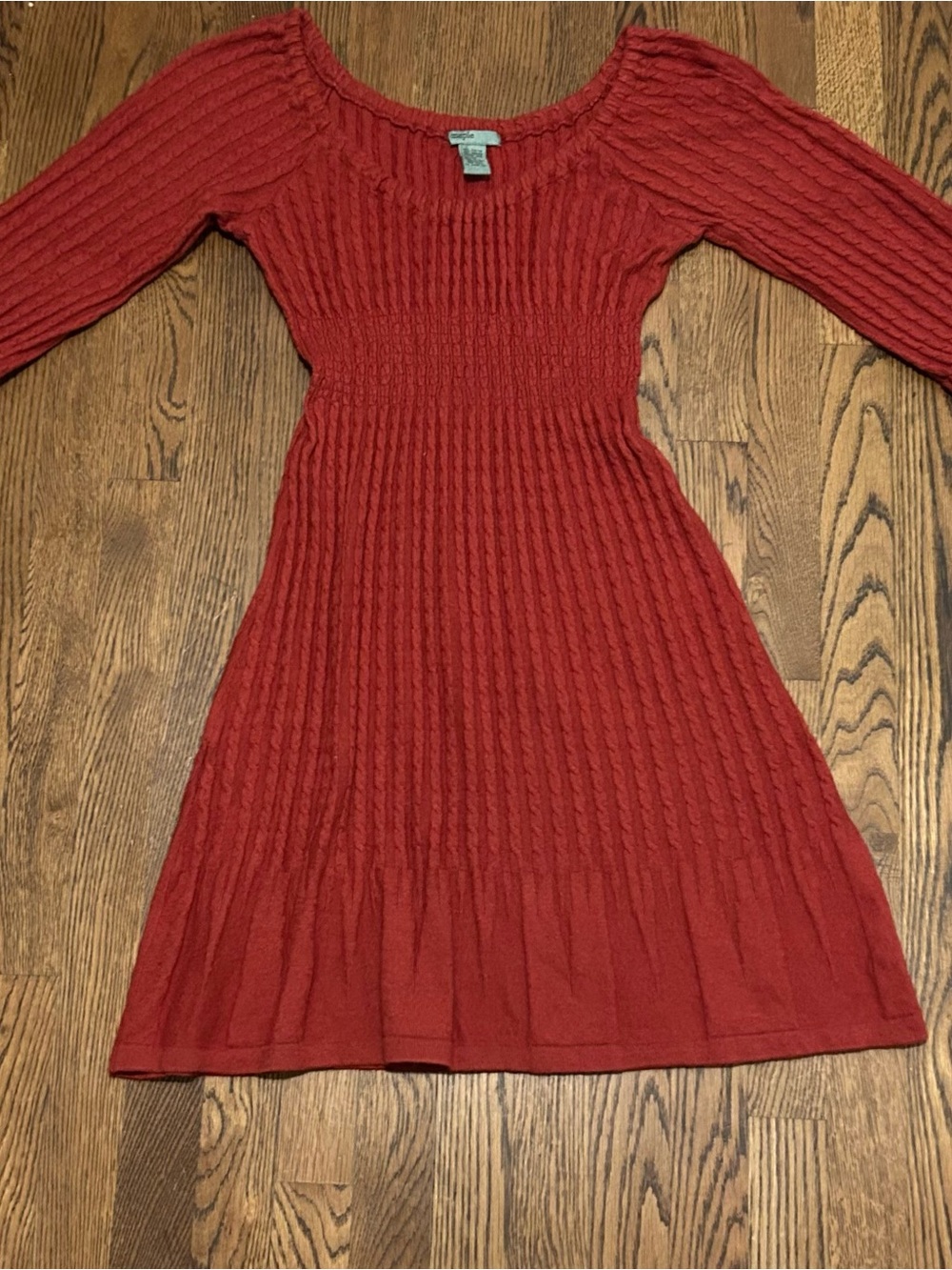 Anthropologie Maple Red Cable-Knit Midi Dress with 3/4 sleeves and scoop neck